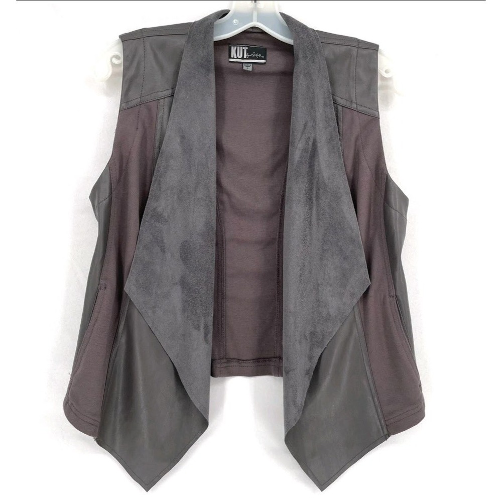 $129 KUT from the Kloth faux vegan leather suede mixed media Gray vest  jacket L
